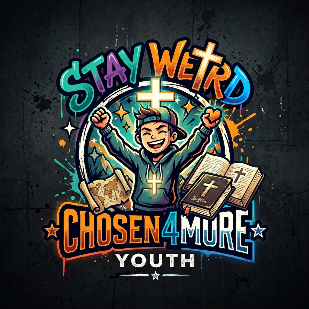 Stay Weird, Chosen 4 More Youth graphic with cheering cartoon teenager