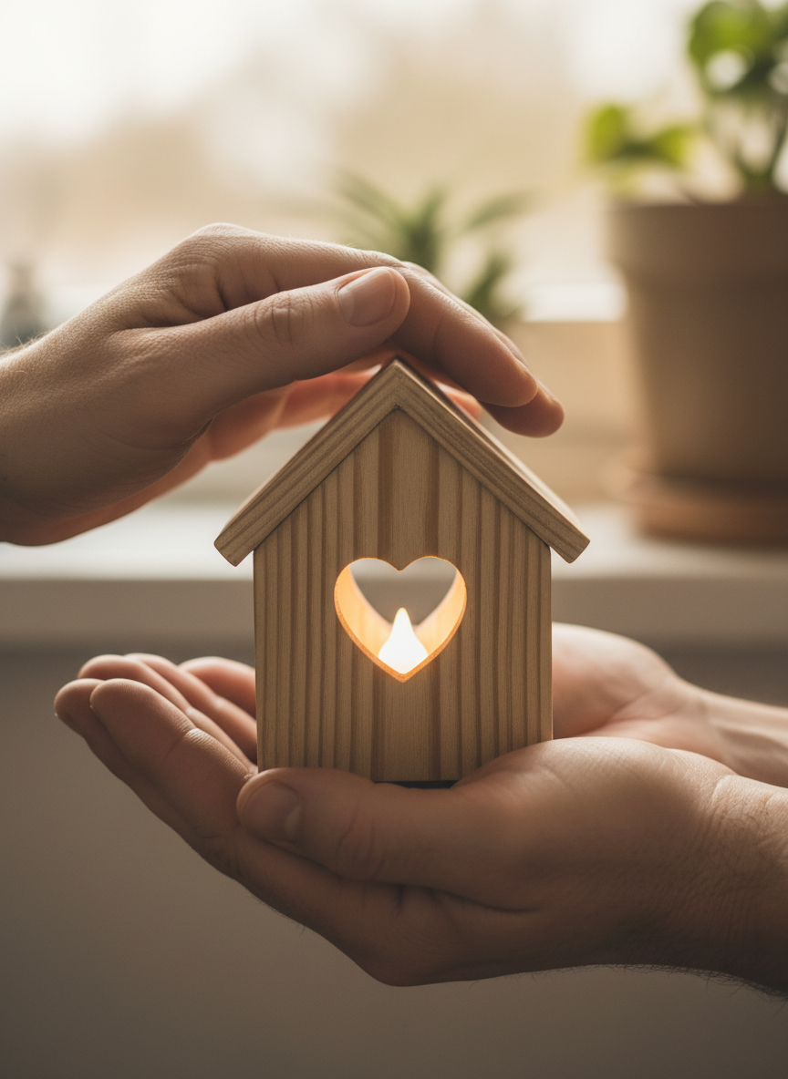 Hands cradling a small wooden house with a heart cutout