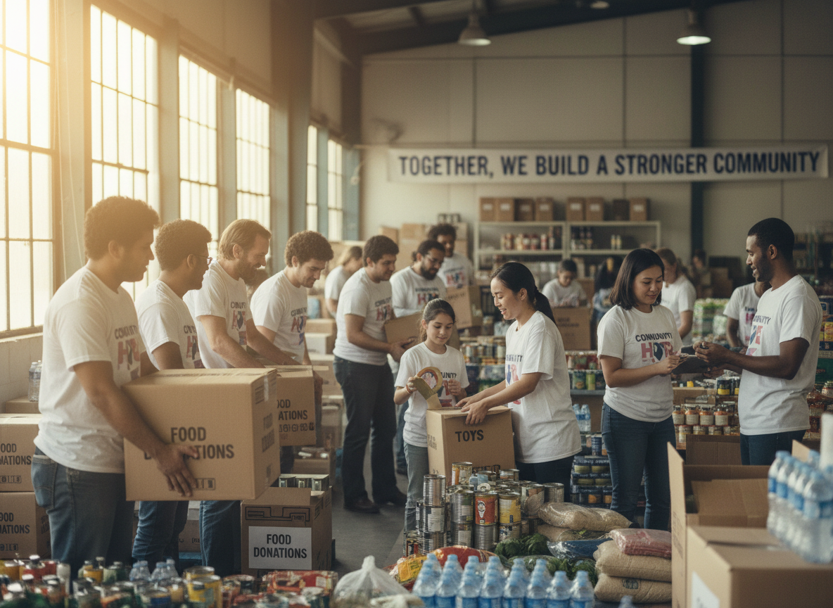 Community volunteers organizing donations together