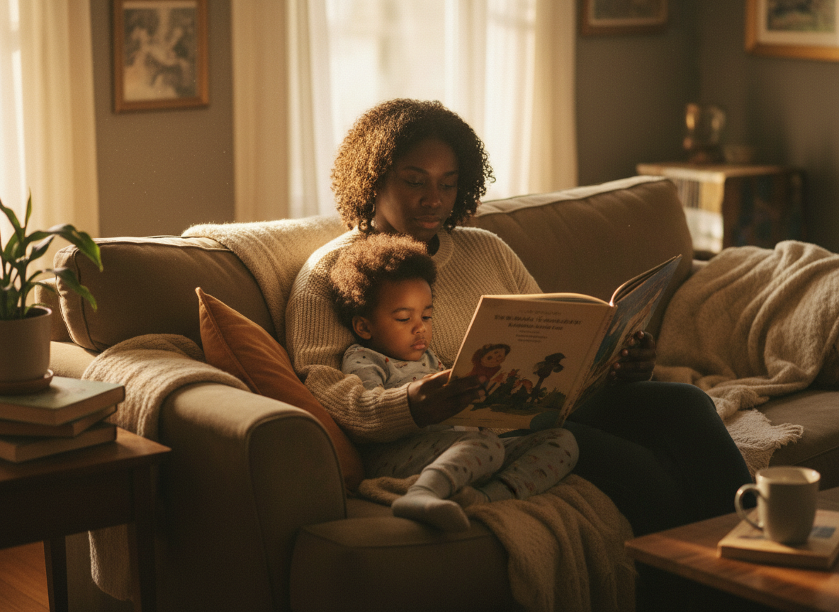 A Black parent reading with a young child