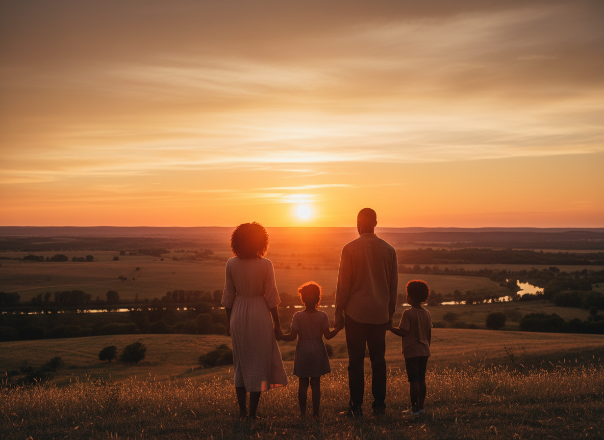 A Black family seen from behind looking out at a golden sunset